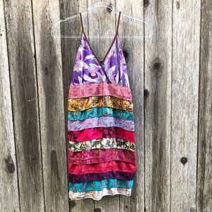 Silly Yeti Colorful Patchwork Silk Spaghetti Strap Tunic Blouse Small